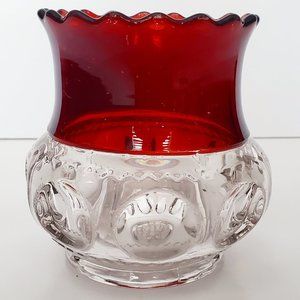 Vintage MCM Cranberry Glass Bowl Vase Candleholder Scalloped Ruffled Rim Regency